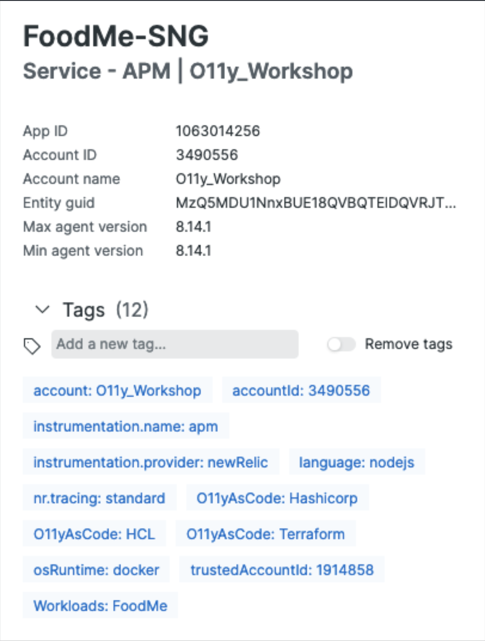 Screenshot of tags as code in New Relic