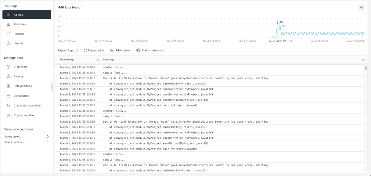 A multiline log in New Relic recorded as multiple individual logs, instead of as one log.