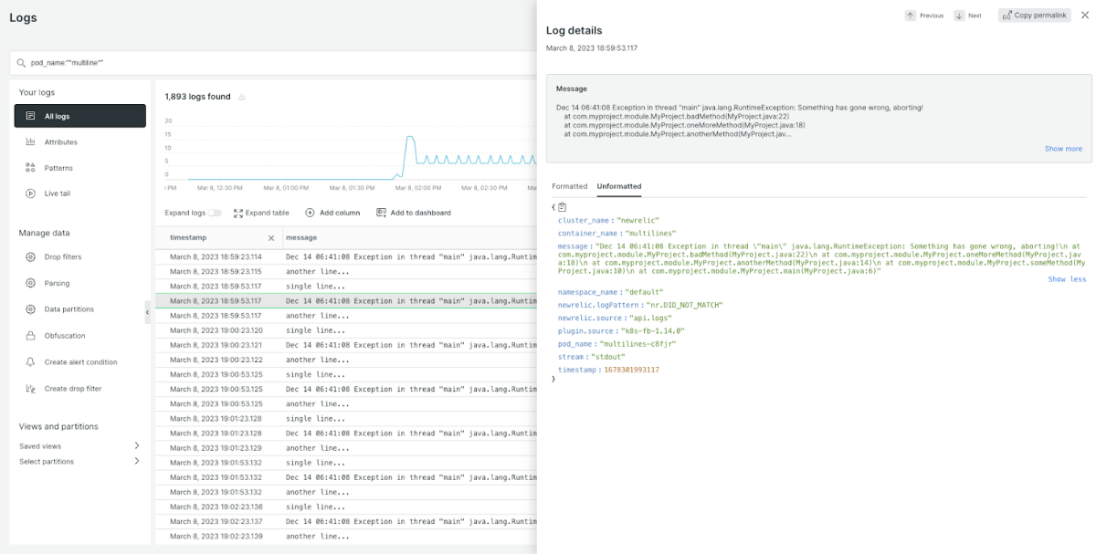 After configuring Fluent Bit to handle multiline logs, within New Relic we can see a multiline log displayed on one line
