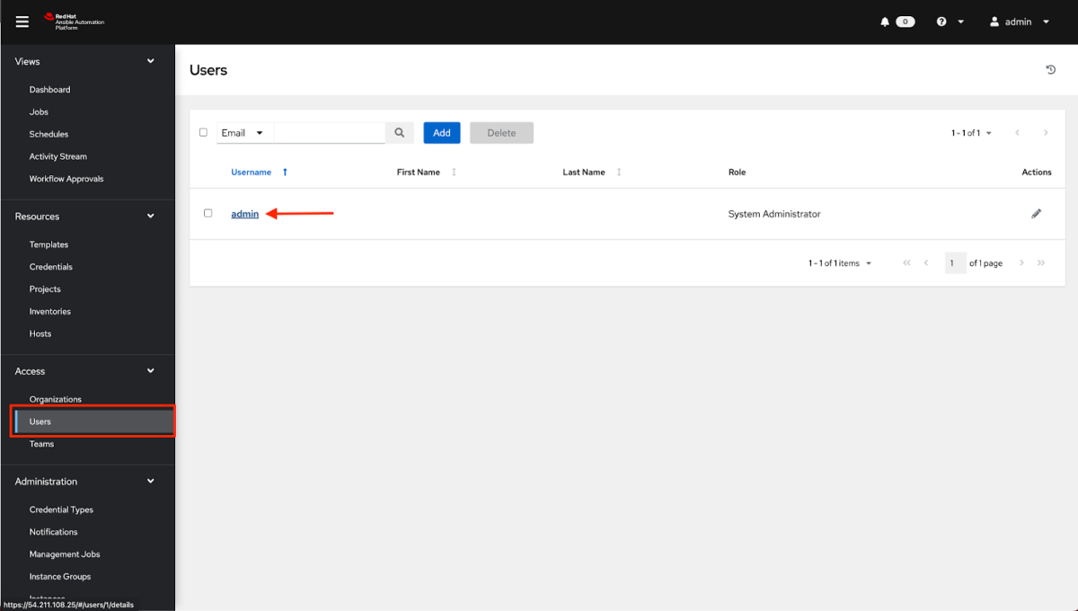 Log in to your Ansible Automation Platform, navigate to the Users section, and select admin.