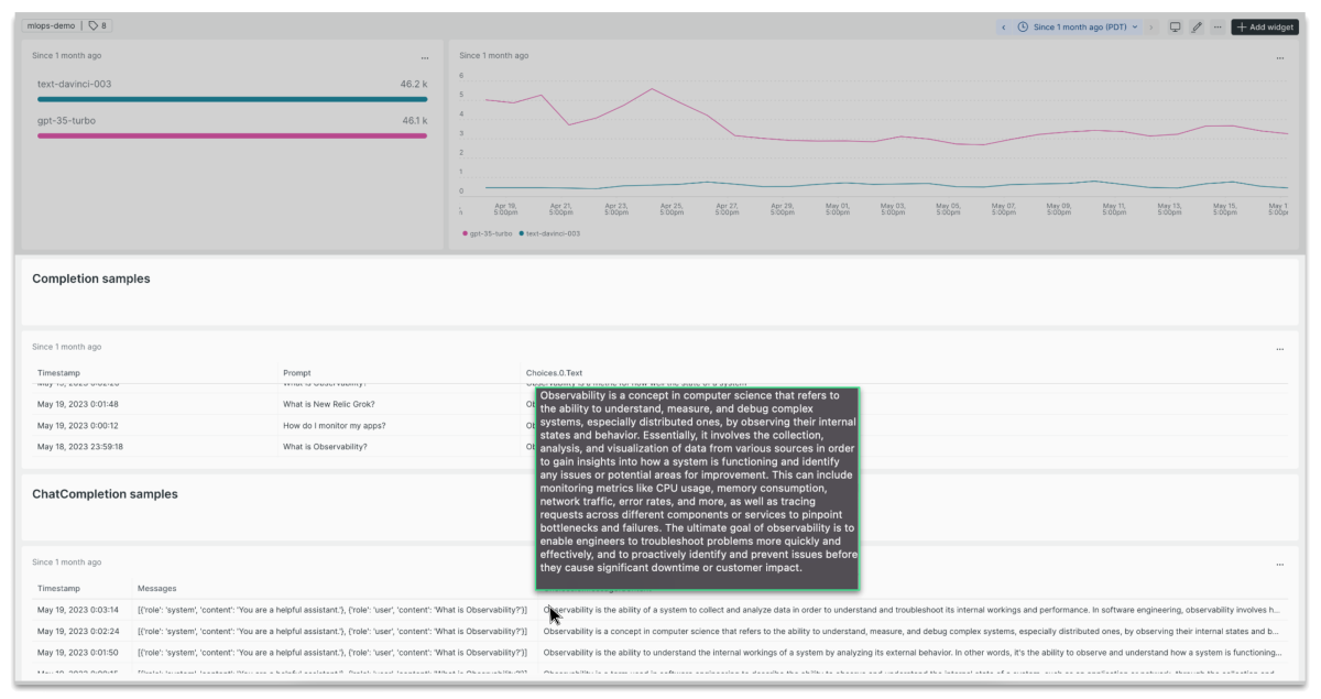 Captura de tela da biblioteca de início rápido OpenAI Observability com prompts e preenchimentos