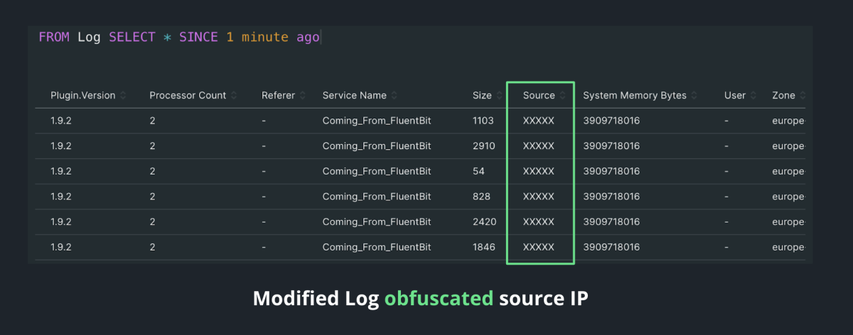 Screenshot of logs with source IP obfuscated
