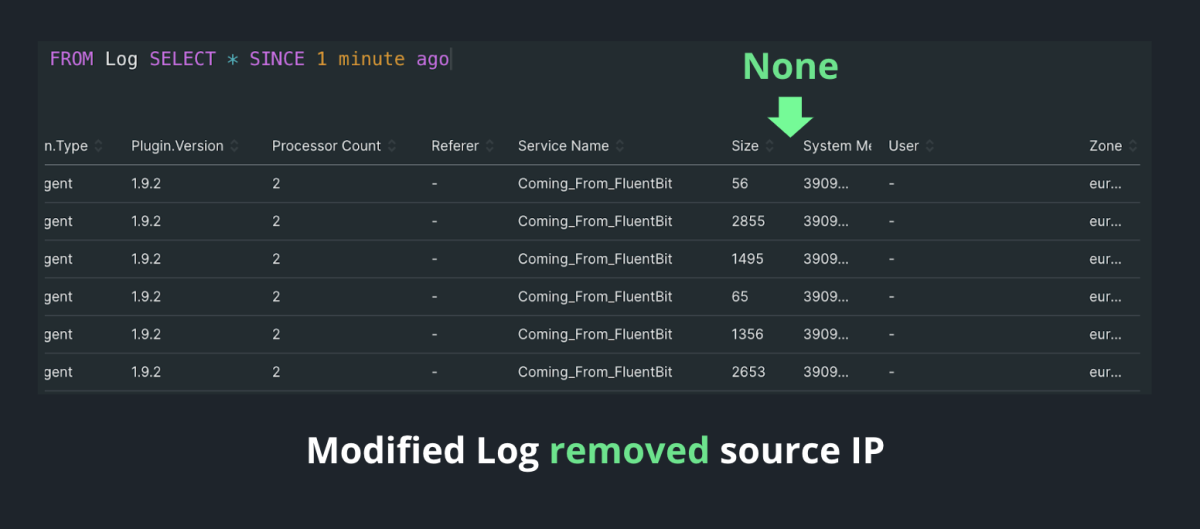 Screenshot of logs with source IP removed