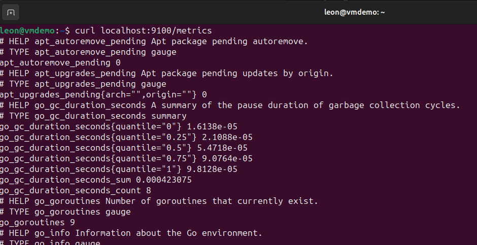 The result of running curl localhost:9100/metrics in the terminal.