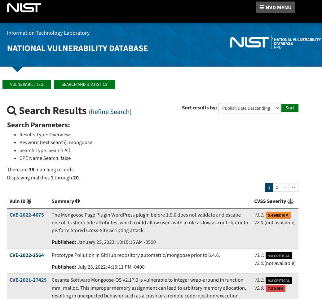 Searching for the mongoose library on the NIST database.