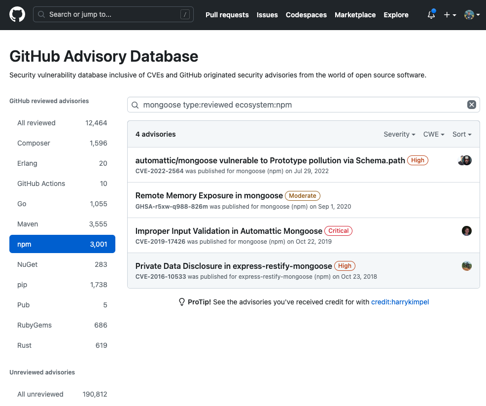 The GitHub Advisories database