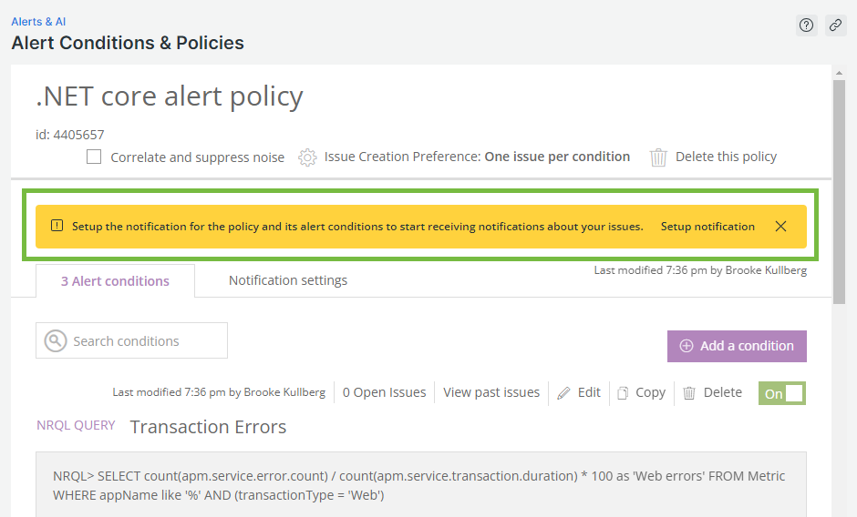 The .NET Core Alert Policy within New Relic.