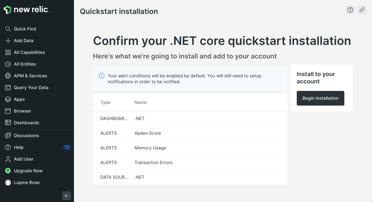 First page of the .NET Core quickstart in New Relic, confirming your installation plan.