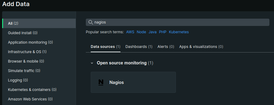 In New Relic, select Add Data, then search for "nagios".