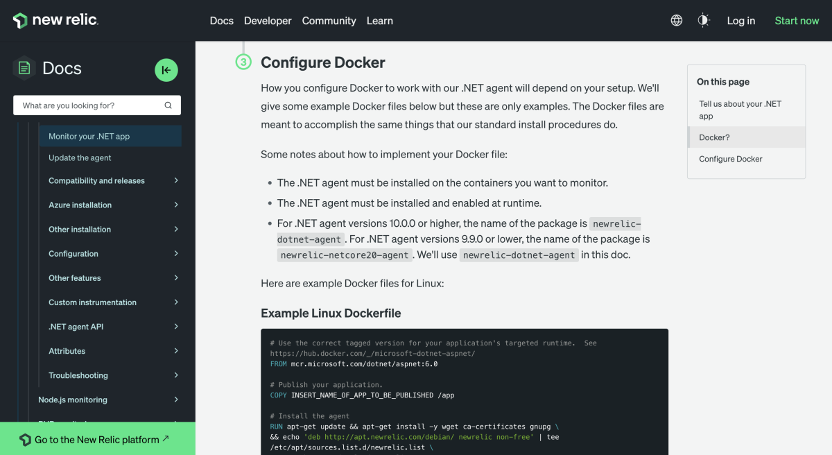 The New Relic docs on how to configure the .NET agent in a Docker container for Linux.