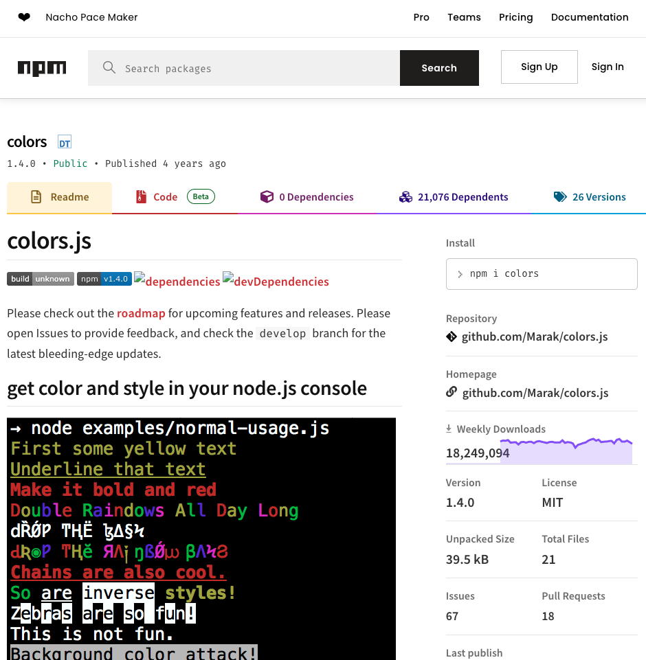 The colors.js library on npmjs.com