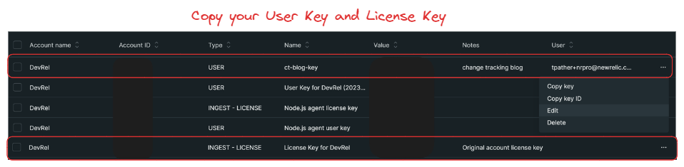 The user and license key that you need to copy in New Relic.