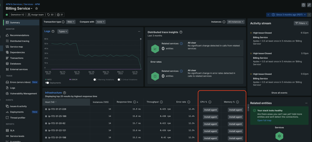 Screenshot of New Relic APM 360 identifying when an agent needs to be installed for infrastructure instrumentation. 