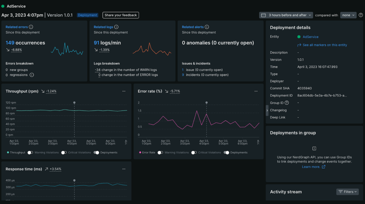 Screenshot of change tracking details for an example service in New Relic, such as faceted errors, log attribute trends, related issues and anomalies, and calculated impacts on key signals.