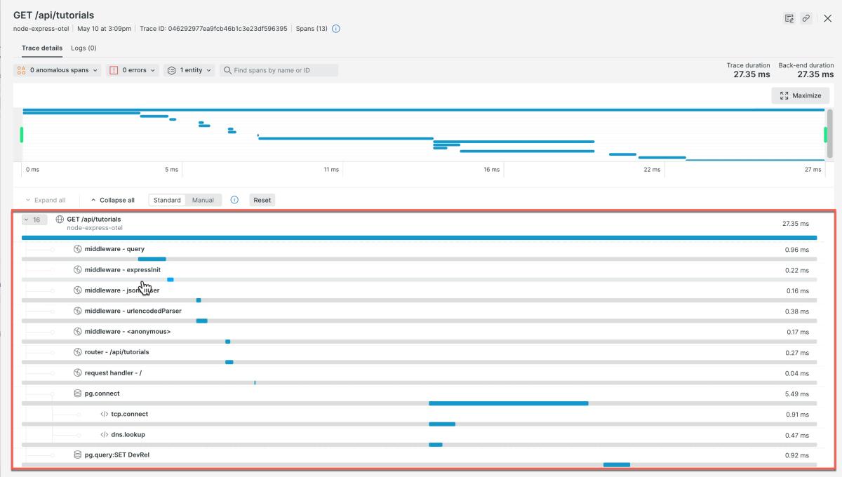 Screenshot of individual spans within a trace in New Relic