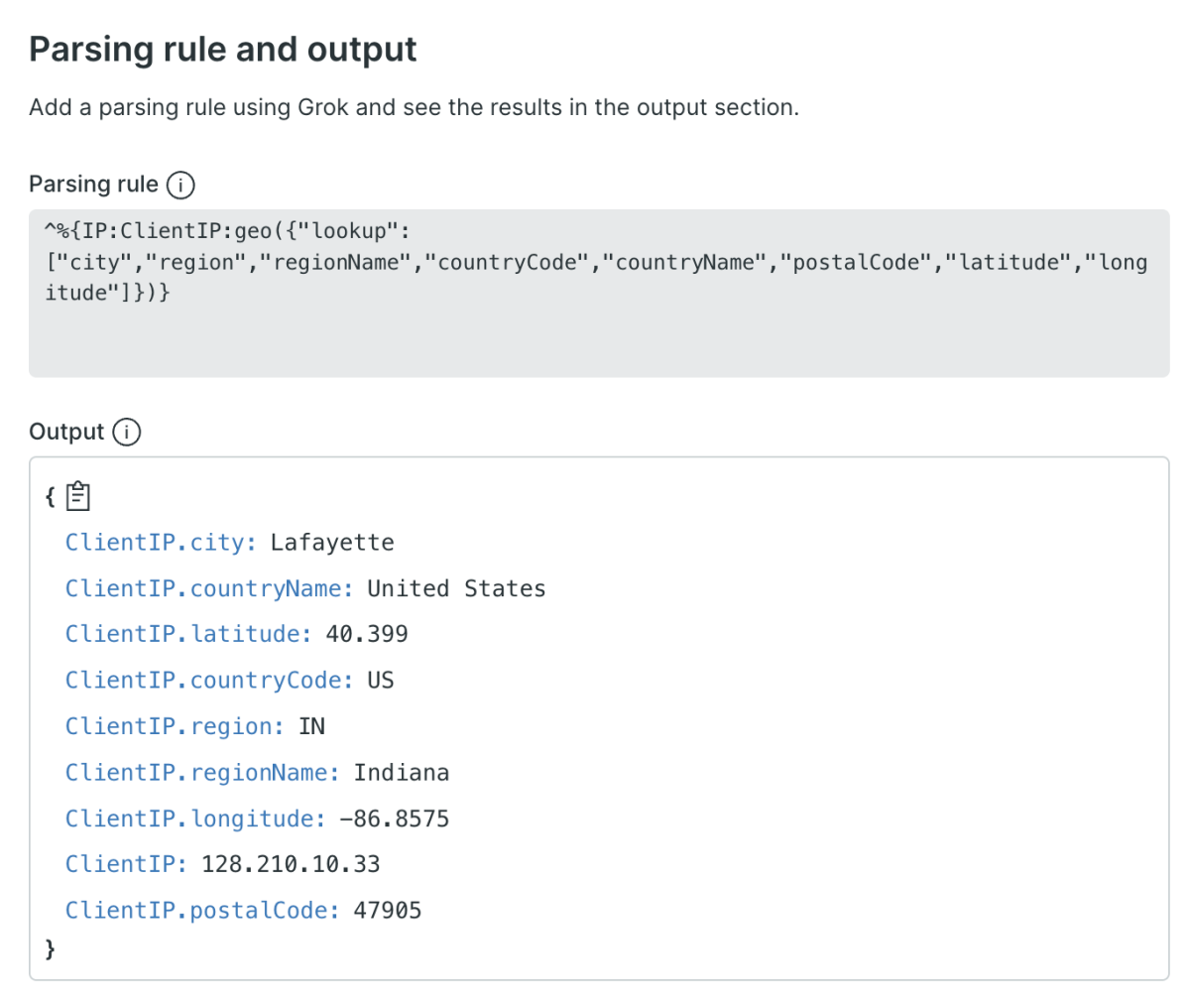 Screenshot of adding a parsing rule using New Relic Grok to see the results in the output section.