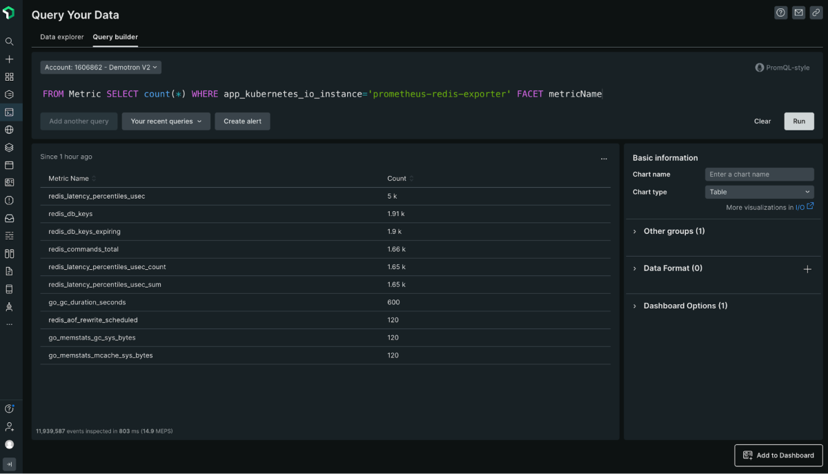 Screenshot of using the query builder and NRQL to view OpenTelemetry data in New Relic.