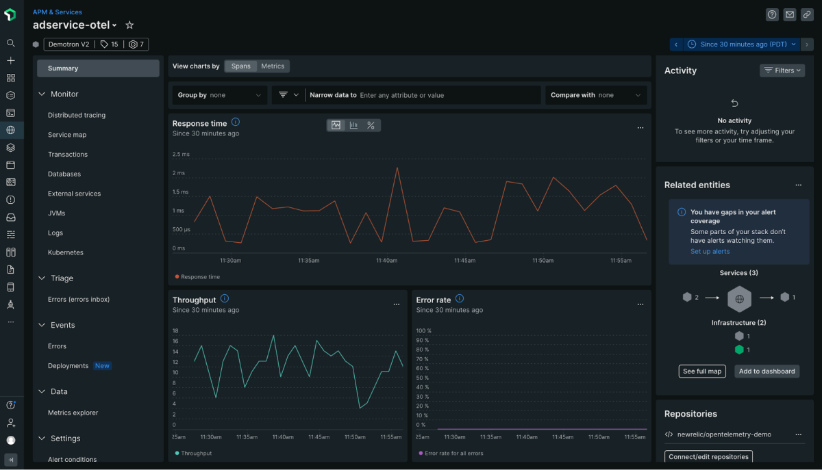 Screenshot of service summary with golden signals for an example adservices-otel service level in New Relic.