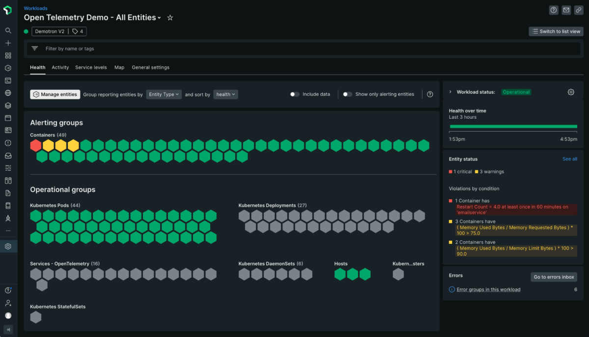 Screenshot of example workload called OpenTelemetry Demo - All Entities, which shows the health of OpenTelemetry services, hosts, and Kubernetes entities such as containers and pods.
