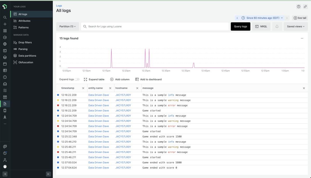 Data Driven Dave dashboard displaying all logs