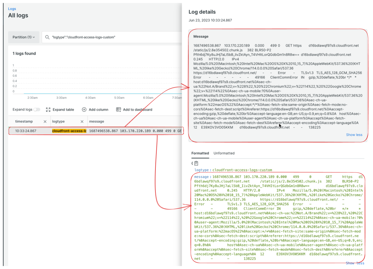 New Relic dashboard displaying unstructured access logs
