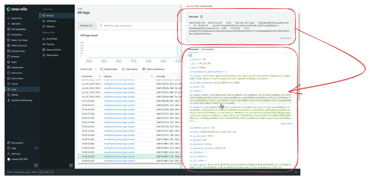 New Relic dashboard displaying parser rule results