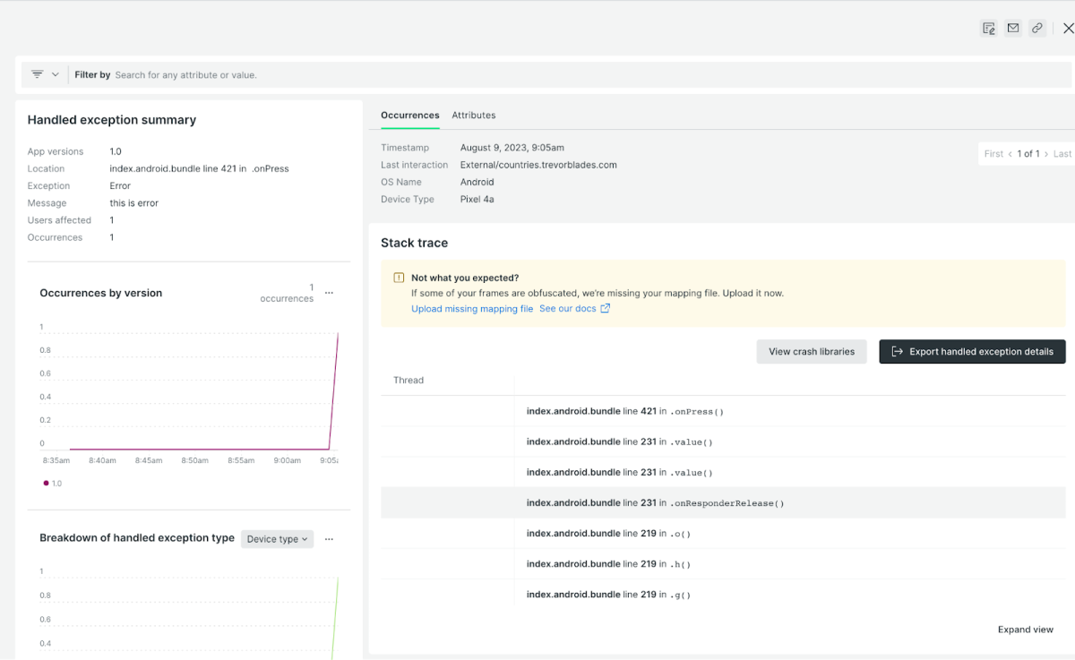 New Relic dashboard displaying handled exception summary