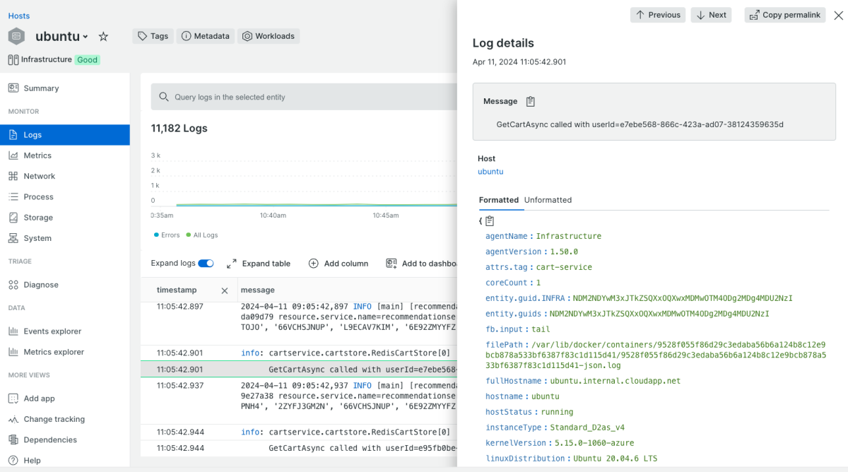 hosts ui container logs