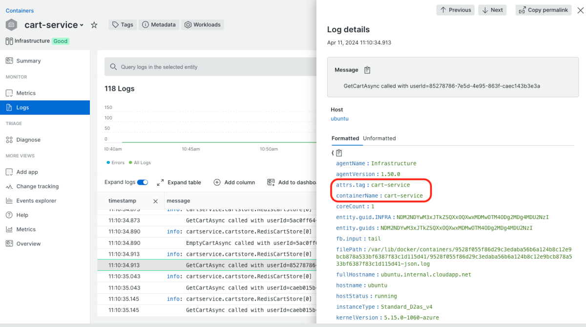 container ui with logs