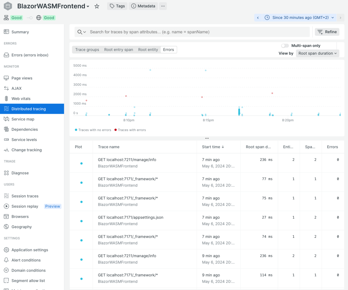 New Relic real user monitoring summary distributed tracing