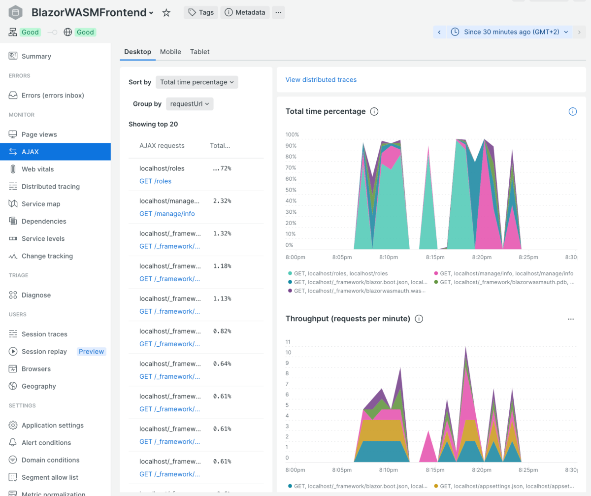 New Relic real user monitoring summary ajax