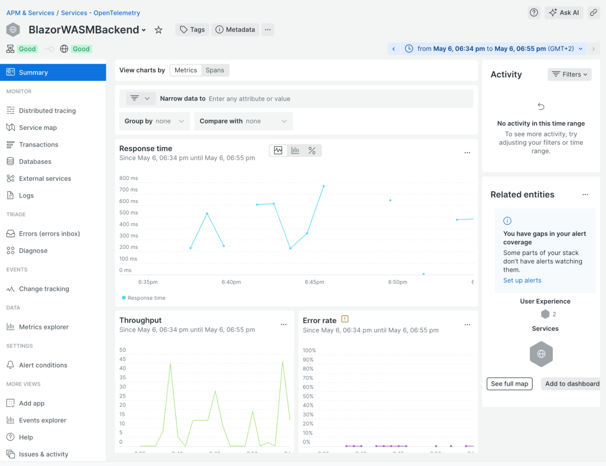 OpenTelemetry New Relic APM summary