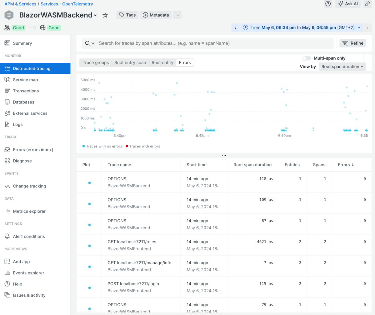 OpenTelemetry New Relic APM distributed tracing