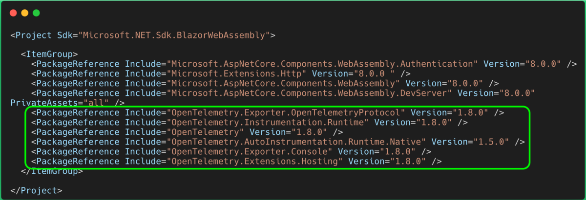 OpenTelemetry Nuget packages frontend