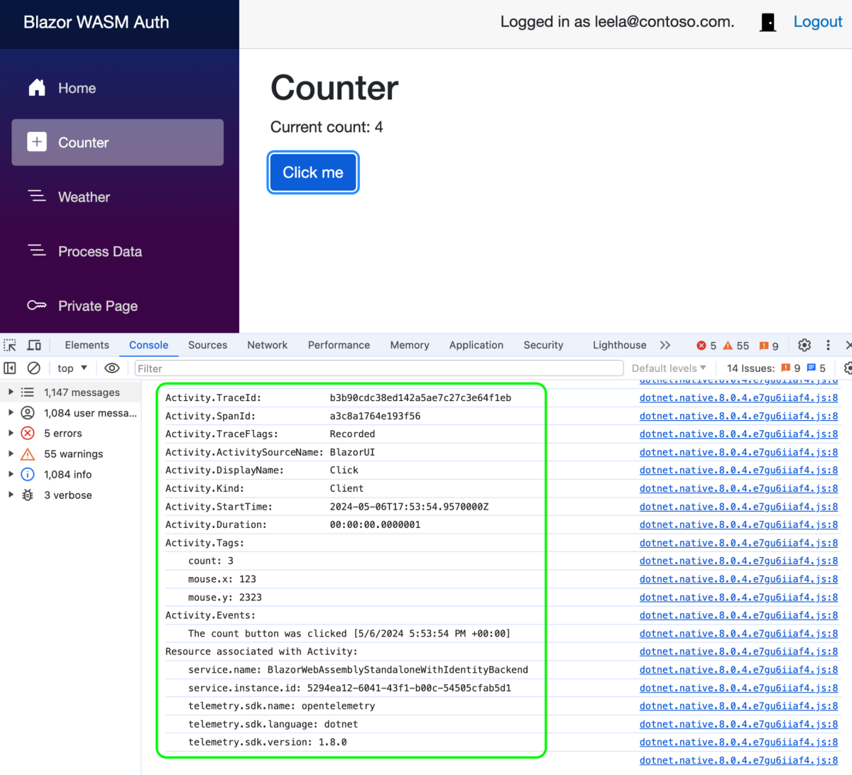 OpenTelemetry tracing console output frontend