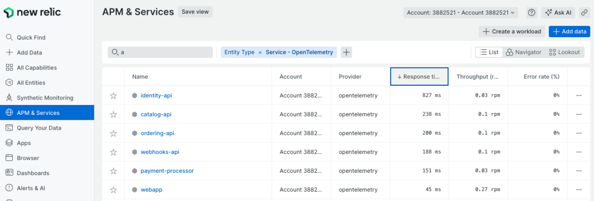 new relic apm services opentelemetry