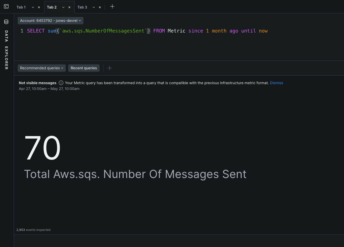 NRQL query for SQS Number of Messages sent