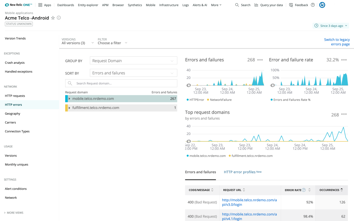 New Relic product screen capture HTTP errors