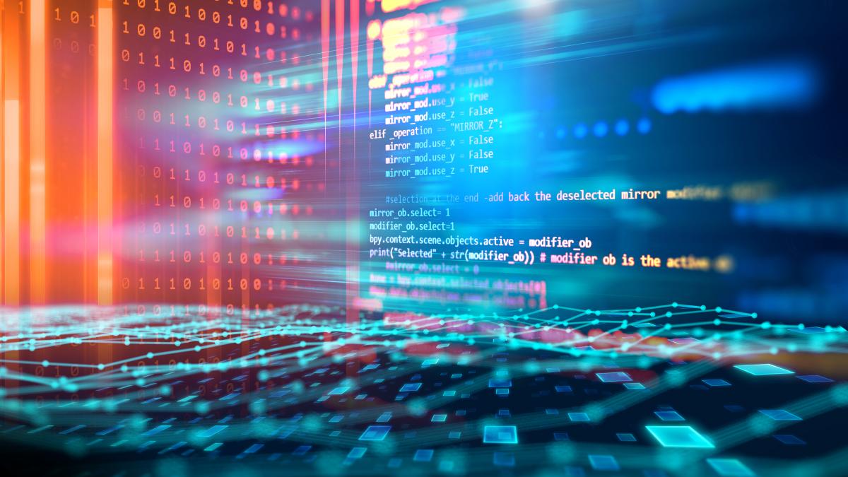 Conceptual iStock-1133924836.jpg orange and blue screens with data superimposed appearing to come out of the screen