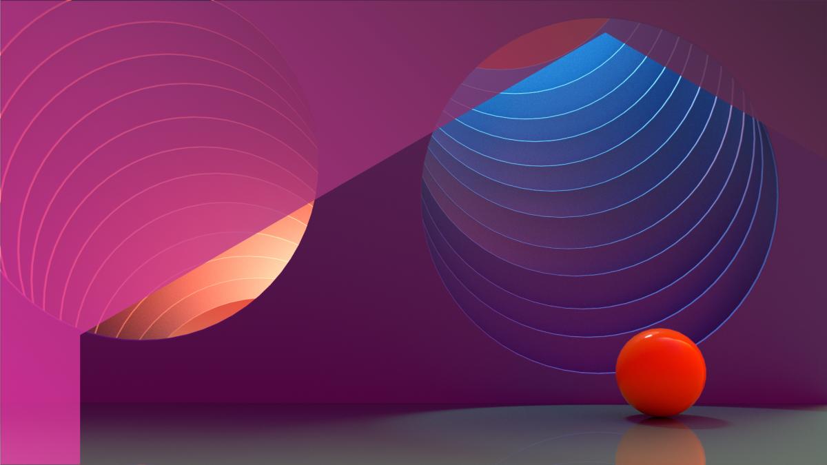Graphic of orange and blue tunnels, and a red ball