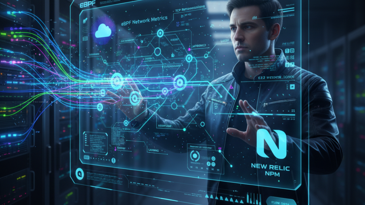 A futuristic and sophisticated illustration of a network engineer analyzing data streams emerging from a server host, visualizing and integrating the entire end-to-end network path as a holographic projection.