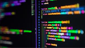 Multicolored lines of code: green, purple, lavender, white, and blue letters and numbered lines displaying on a black background