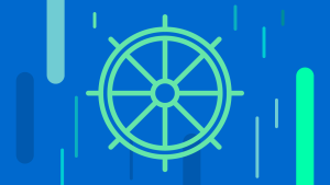 Illustration d'une roue de gouvernail avec huit poignées : vert clair sur fond bleu avec des lignes de données partout 