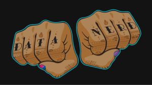 an illustration of a black background and in the foreground, two hands in fists with the letters on the knuckles of the right hand spelling DATA and the letters on the knuckles of the left hand spelling NERD