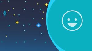 illustration of a happy face on a teal planet with a starry blue field behind