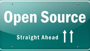 Road sign reading "Open Source straight ahead"