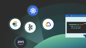 Icons for services next to a floating computer window