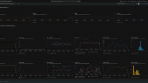 Screenshot of a New Relic dashboard showing model performance metrics, data metrics, and feature distributions.