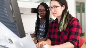 Two people working next to each other on computers 