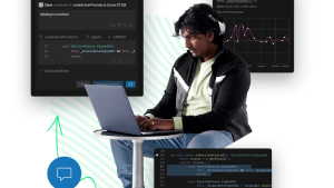 Developer working with Screens of code-level metrics, observability section and PR integration.